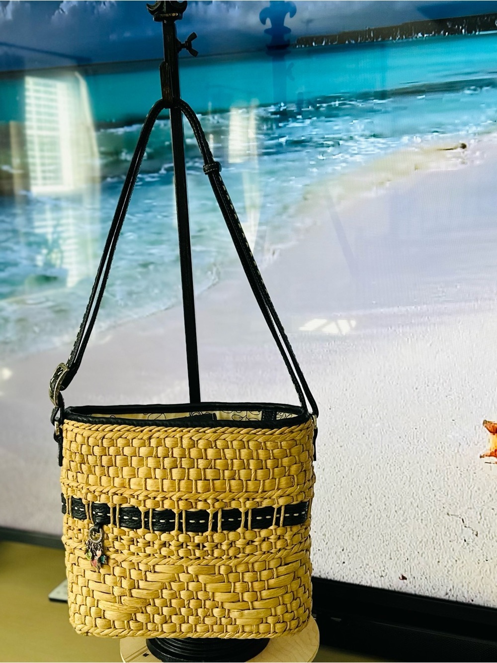 Brighton Woven Summer Straw Shoulder Bag with Black Leather Trim And Charms